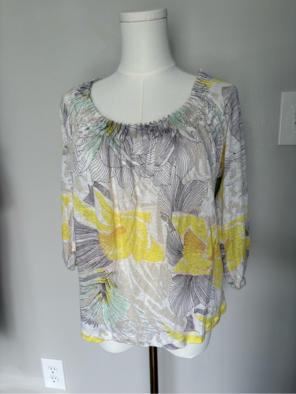 Elie Tahari Yellow, Gray and Mint Floral Scoop-Neck Blouse
